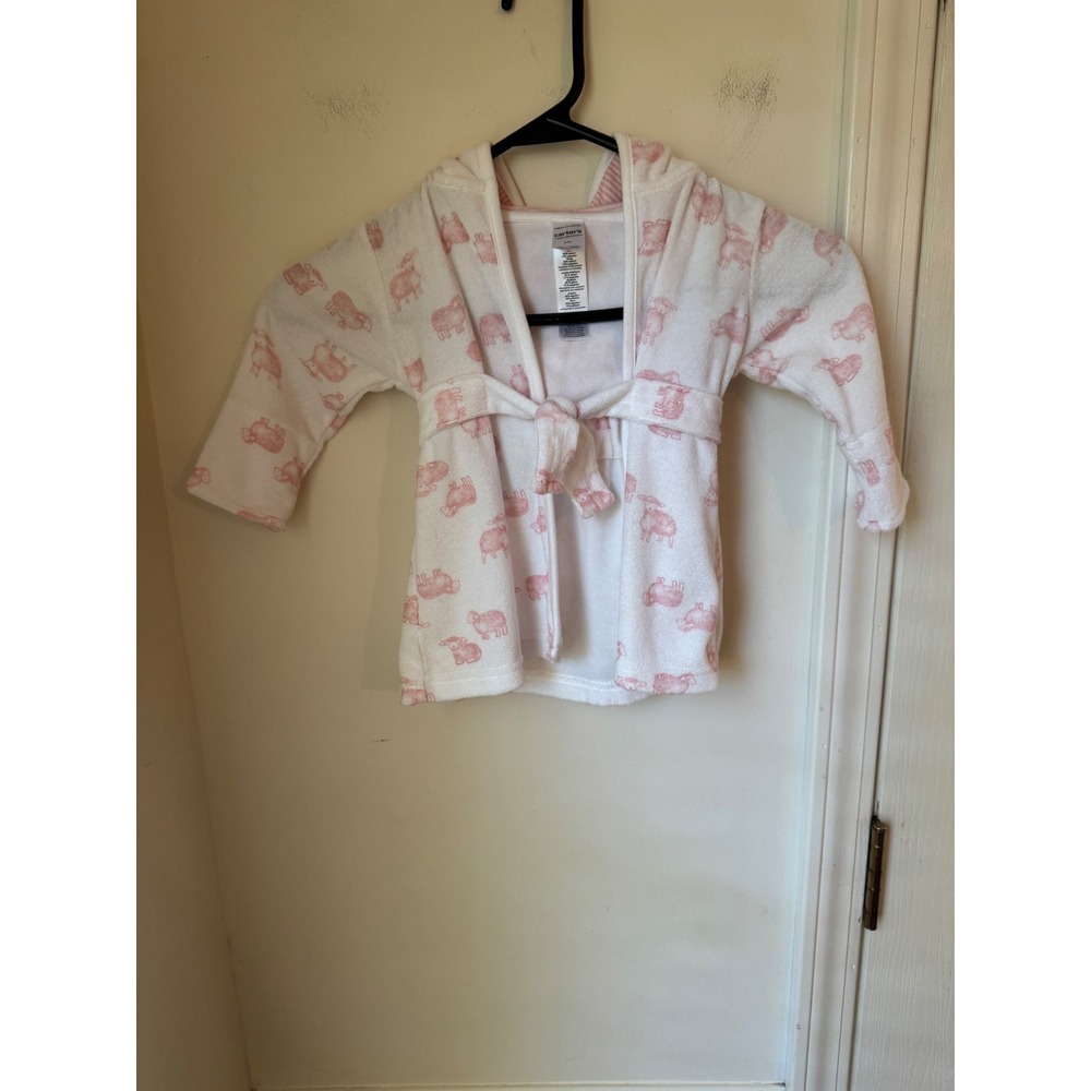 Carters Just One You Pink Sheep Hooded Bath Robe White Terry Cloth 0-9M
